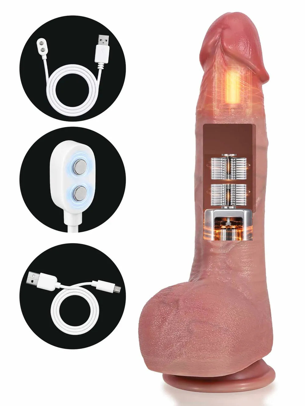 Dominic | 9.8" x 2" 4-in-1 Waterproof Thrusting Vibrating Dildo with Heating and Ring Remote