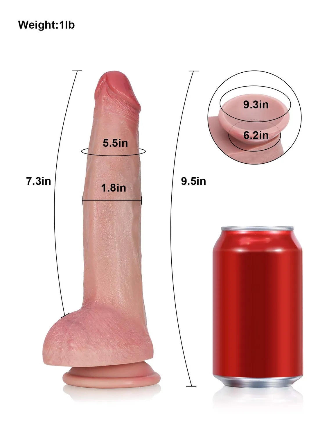 9.5" x 1.8" Flexible Suction Dildo with Red Glans and Veins